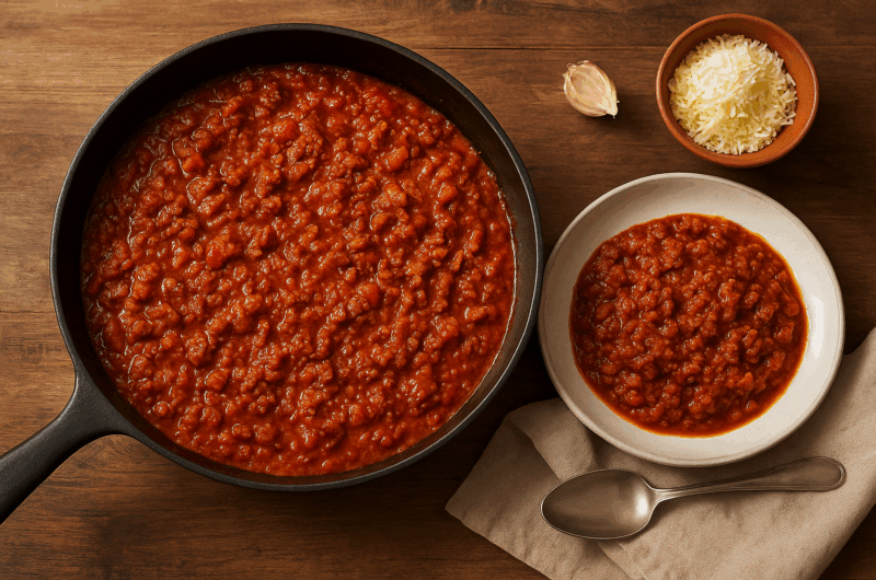 Ragú della Casa Janco.Een langzaam getrokken huisgemaakte Ragú uit de gietijzeren stoofpan.