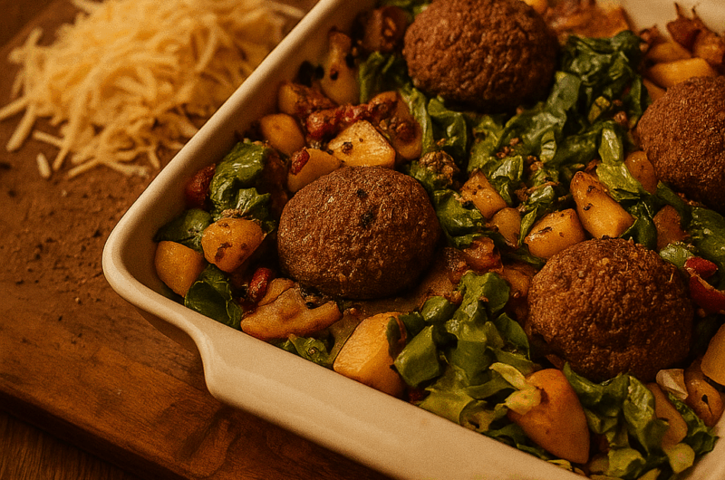 Andijvie in een nieuw jasje – met paprika, Italiaanse gehaktballen en gesmolten kaas.